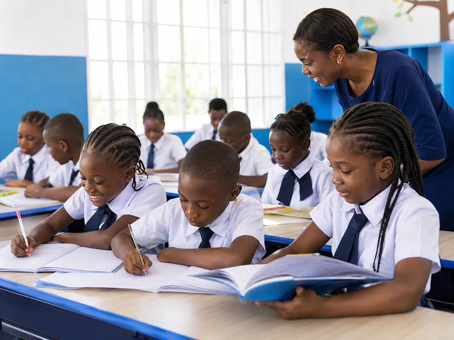Enseignante accompagnant des élèves en classe